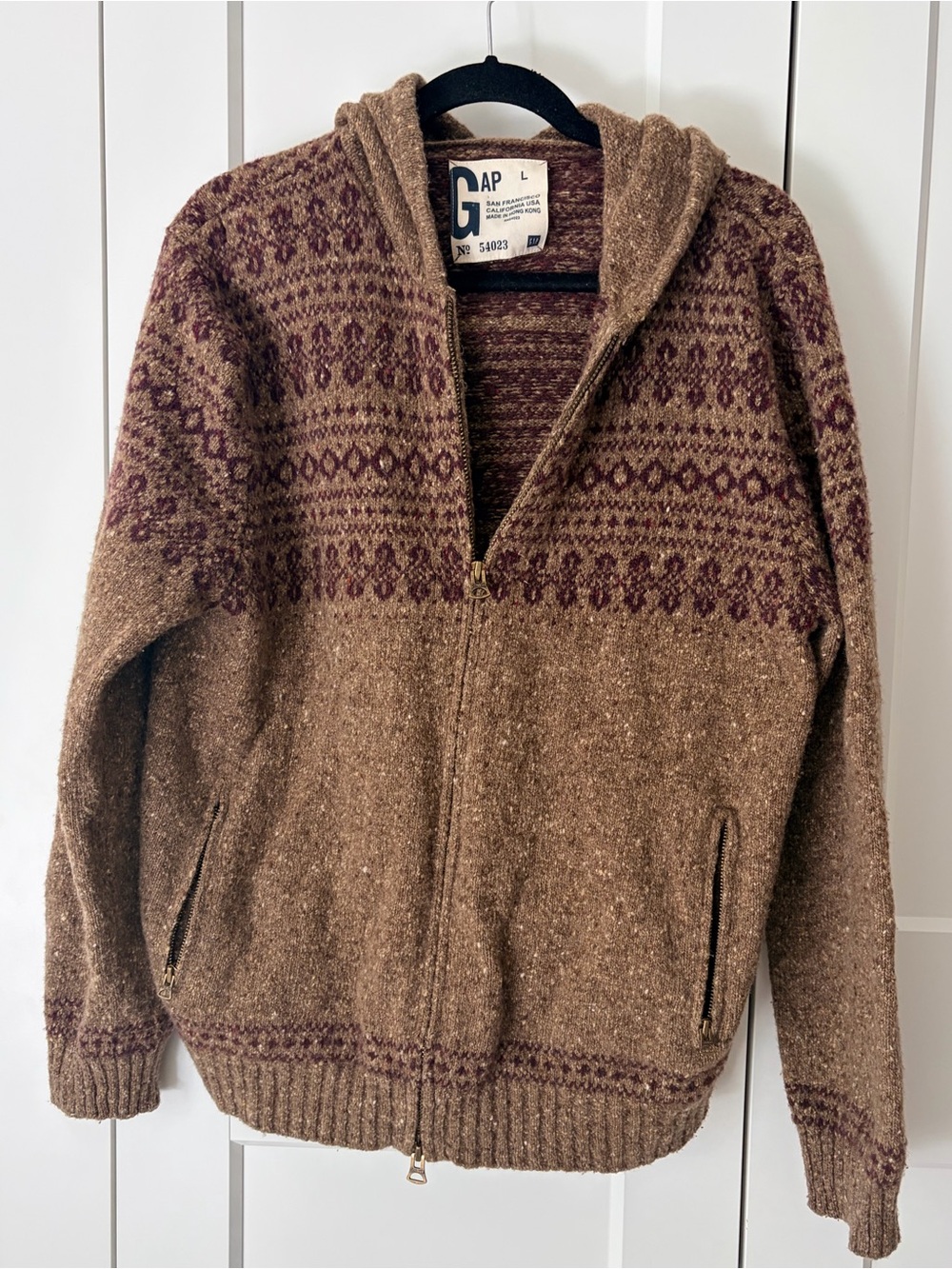 GAP Men's Brown and Maroon Fair Isle Patterned Zip-Up Wool Blend Hoodie | L